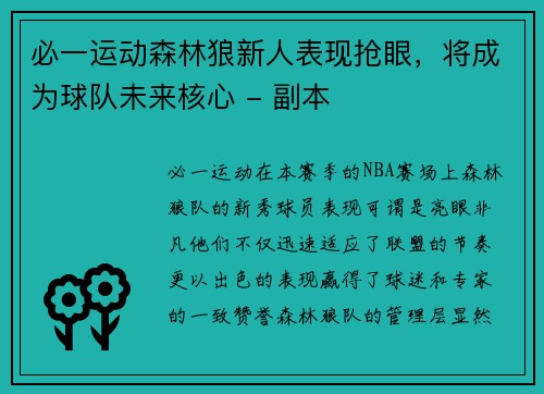 必一运动森林狼新人表现抢眼，将成为球队未来核心 - 副本