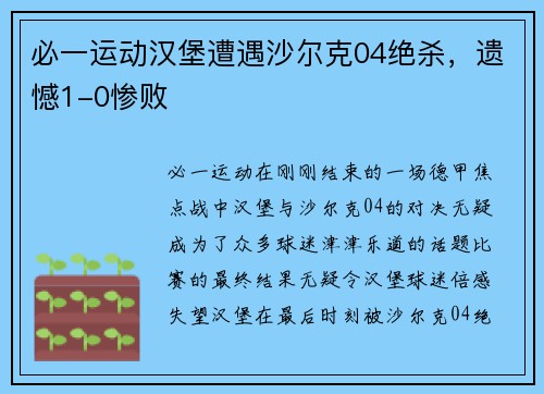 必一运动汉堡遭遇沙尔克04绝杀，遗憾1-0惨败